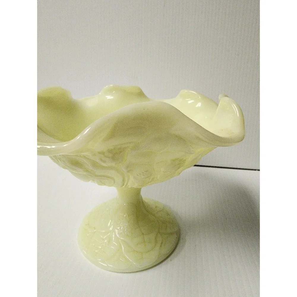 Vintage Fenton Yellow  Water Lilly Scalloped Edge Compote on Pedestal